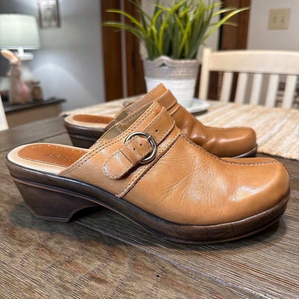 Bass Tan Leather Clog Mules